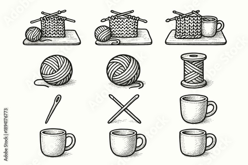 Icons vector cup kit needle icon setup knitting home spool thread handdrawn