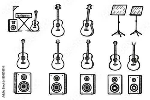 Drawing speaker music corner set collection vector stand instrument icon rough guitar