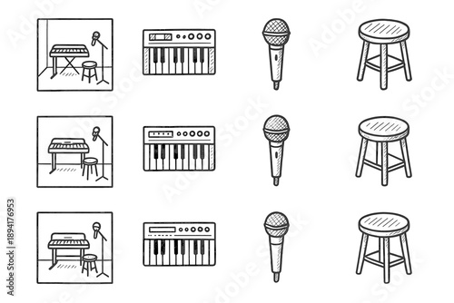 Minimalist mic icon minimal doodle icons art stool studio drawing vector keyboard