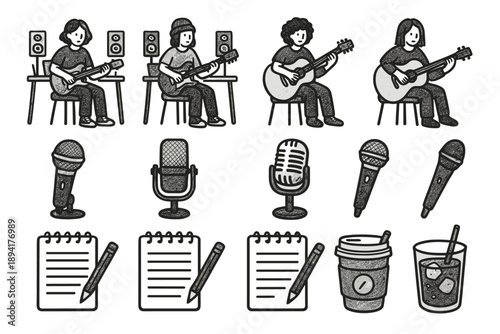 Drink microphone workspace notepad artistic doodle vector music indie icon musician