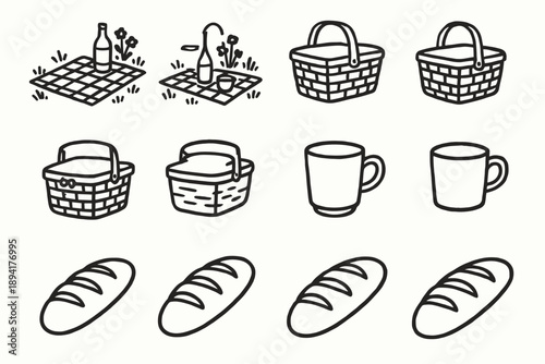Cozy set icon loaf bread picnic setup meadow cup vector collection basket
