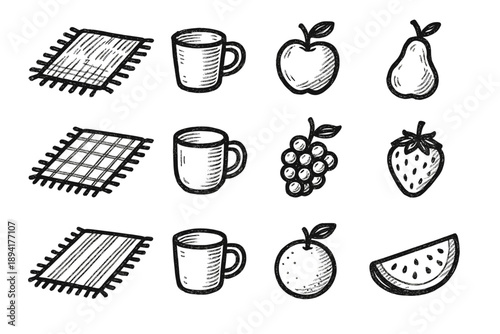 Drawing vector creative cup icon fruit vibe artistic picnic rug set outdoor