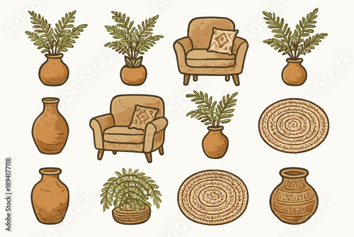 Pot cozy vector boho fern clay setup woven mat icon plant