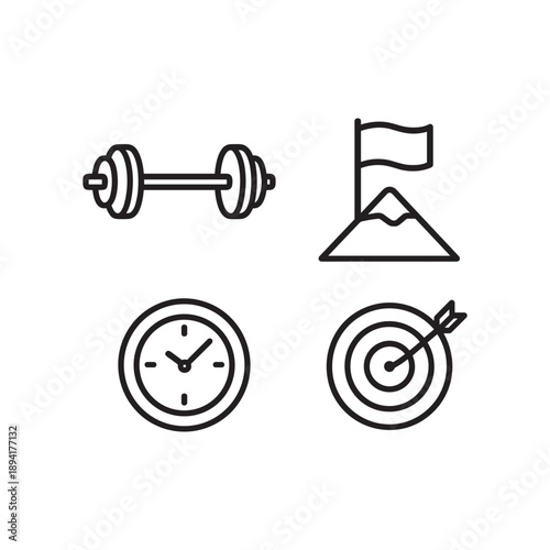 Fitness and Goal Achievement Icons Barbell, Mountain Peak, Wall Clock, and Target