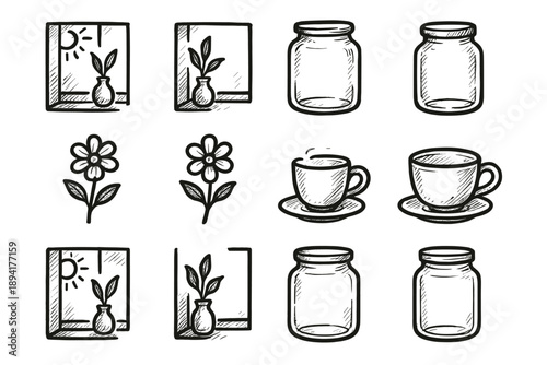 Flower jar doodle glass sunlight vector icons vase view cup morning plant