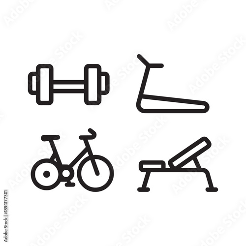 Gym and fitness machines icons. Dumbbell, treadmill, stationary bike, and weight bench symbols