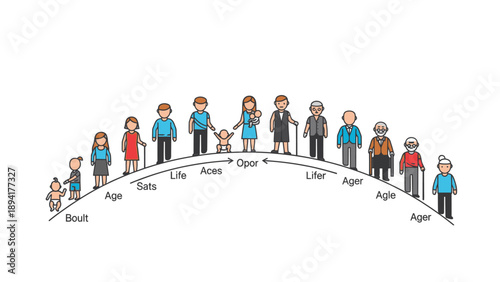 Illustration of diverse people standing on a curved line labeled with ages from 'Birth' to 'Age', showcasing a lifespan concept in a simple, colorful style against a clean white background.
