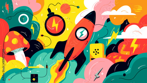 Abstract cosmic adventure with rocket and electric energy