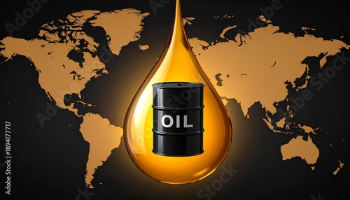 Global Oil Industry Concept: Black Oil Drum Inside Large Amber Droplet Over World Map