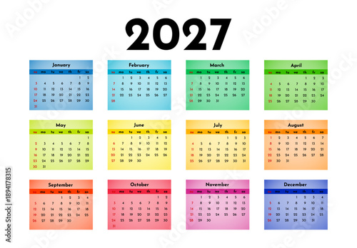 Calendar for 2027 isolated on a white background