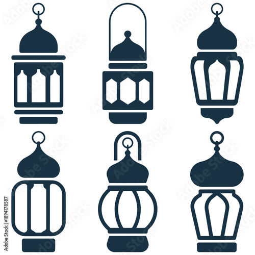 A Set of Decorative Islamic elements Ramadan lanterns, Arabic hanging lamps, Ramadan Kareem, Eid decoration, and crescent moons in black for cultural celebrations silhouette vintage design.