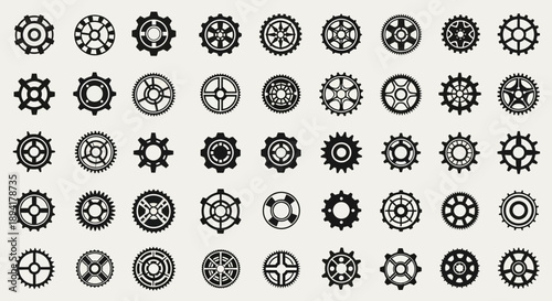 Diverse array of black and white gear icons showcasing intricate mechanical designs and technical