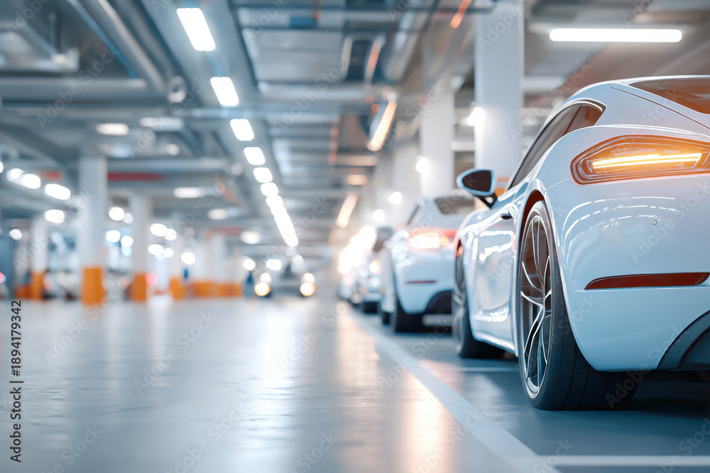 Fototapeta premium Sleek white sports car in modern parking garage