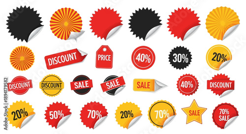 Collection of vibrant retail sale and discount stickers for shopping promotion marketing