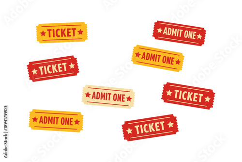 Colorful vintage admit one tickets pattern on white background