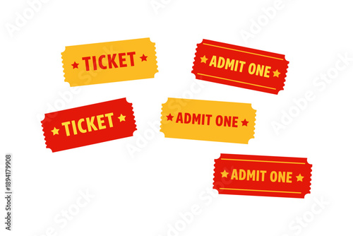 Set of yellow and red admit one tickets on white background