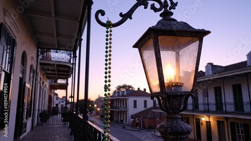 Ornate gas lamp illuminating a French Quarter balcony at twilight with colorful Mardi Gras beads for New Orleans culture and celebration concept