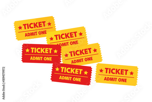 Collection of red and yellow admit one tickets in various arrangements