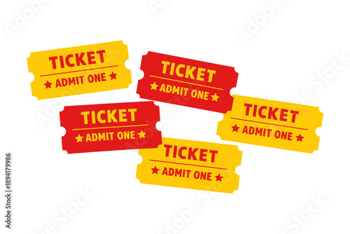 Colorful admit one tickets in red and yellow on white background