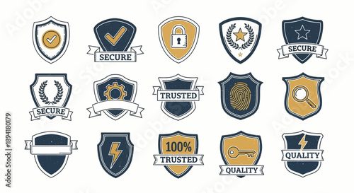 Collection of vintage style vector shield security badges offering trust and protection assurance