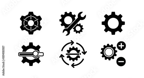 Collection of black and white technical gear icons illustrating functionality and maintenance