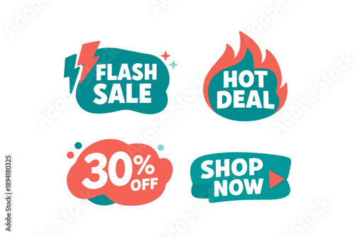 Colorful promotional labels: flash sale, hot deal, 30% off, shop now