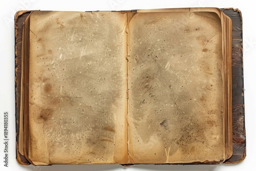 Wallpaper Mural Open vintage book with blank, stained pages and worn cover, isolated on white background, representing history, knowledge, and the passage of time Torontodigital.ca