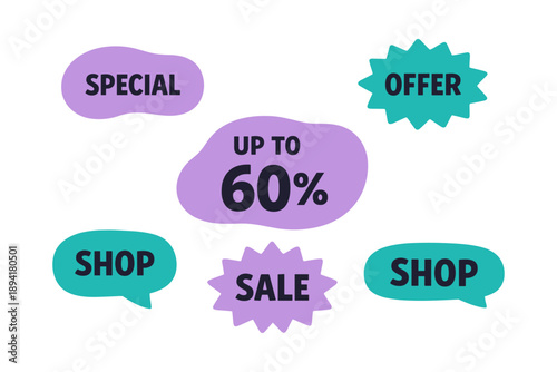 Bright promotional tags highlighting a 60% off sale offer