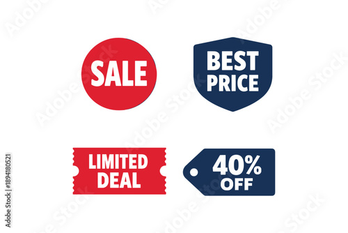 Set of promotional tags: sale, best price, limited deal, 40% off