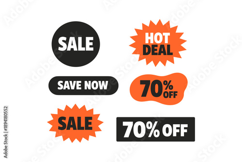 Bold promotional labels for sales and discounts with eye-catching designs