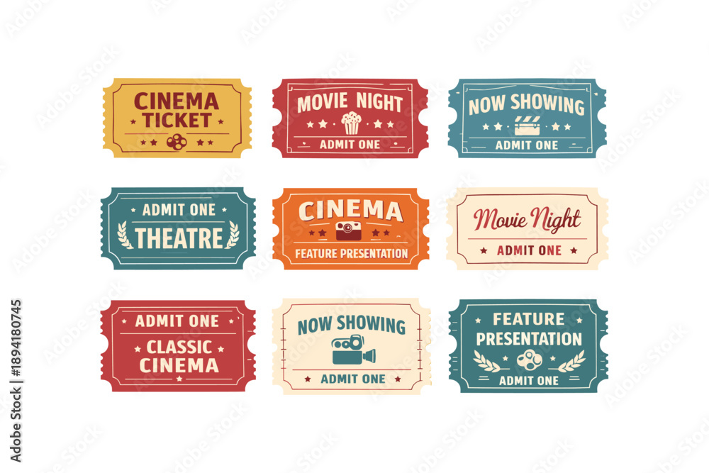 Obraz premium Vintage cinema tickets collection with various movie themes and design styles
