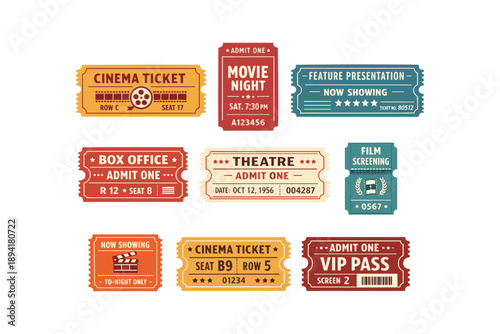 Retro cinema tickets collection: box office, vip pass, movie night, theatre, film screening