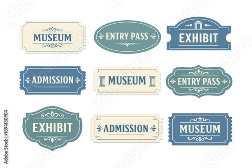 Vintage museum tickets set with entry pass and exhibit labels
