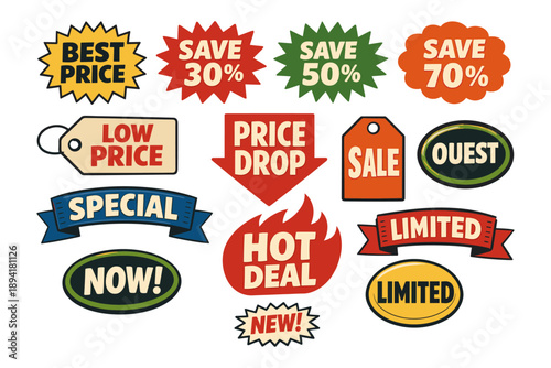 Colorful promotional labels featuring discounts and special offers