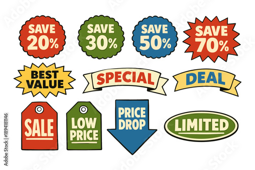 Colorful discount and sale badges with various percentages and labels