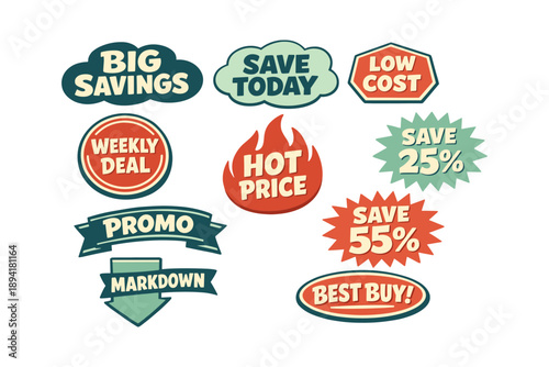 Colorful promotional badges featuring discount and savings offers