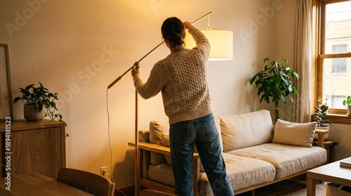 Man Adjusting Floor Lamp in Living Room.