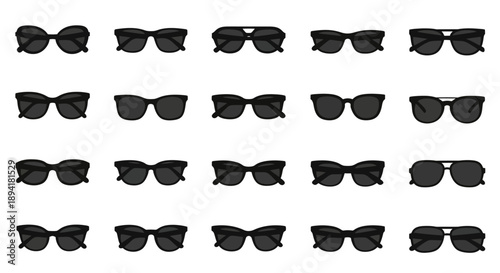 Diverse eyewear collection showcasing various sunglasses styles in a minimalist arrangement
