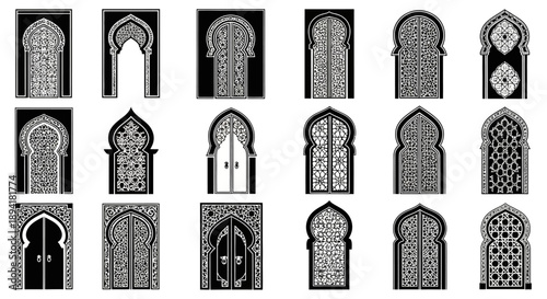 Intricate Moroccan Architecture: Black and White Door and Window Designs Collection