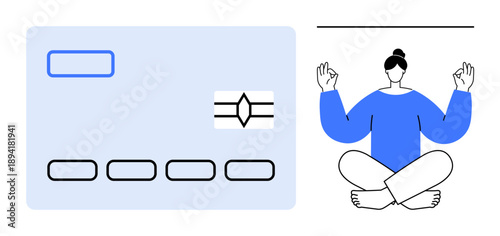 Financial security, digital transactions, online banking, meditation, mindfulness, relaxation. A credit card and a person meditating in a calm pose. Financial security and digital transactions