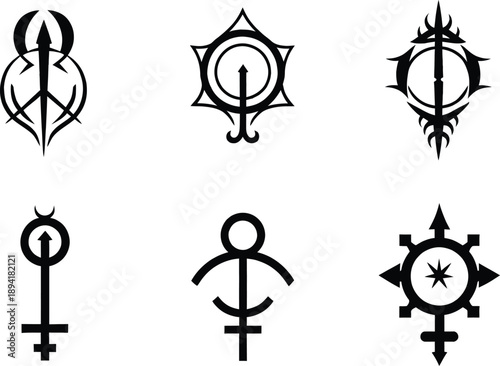 Collection of black alchemical and mystical symbols featuring sacred geometry star icons and esoteric line art emblems isolated on white background.