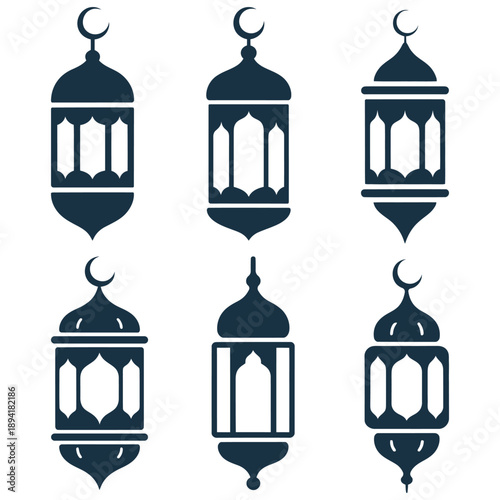 A Set of Decorative Islamic elements Ramadan lanterns, Arabic hanging lamps, Ramadan Kareem, Eid decoration, and crescent moons in black  style for cultural celebrations silhouette vintage design.