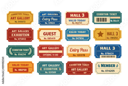 Vintage exhibition and art gallery tickets collection with various designs