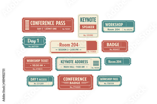 Colorful conference and workshop ticket collection with various designs