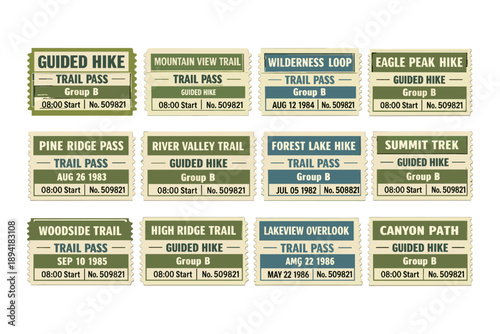 Vintage hiking trail passes collection with dates and group numbers