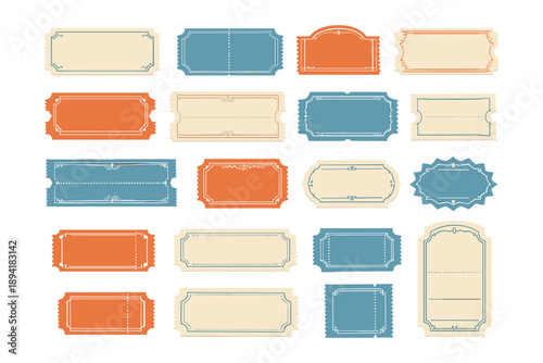 Retro event ticket stubs collection with vintage frames and borders in blue, orange, and beige