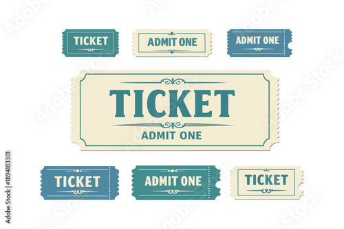 Vintage event tickets set with admit one text in blue and beige