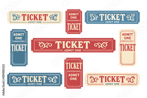 Set of vintage admit one tickets with ornamental design in red and blue