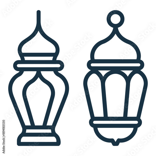Minimalist black and white collection of Ramadan lanterns, Eid decoration, traditional Muslim lights, vintage ornate lamp design and crescent moon symbols for Islamic festive and cultural designs.