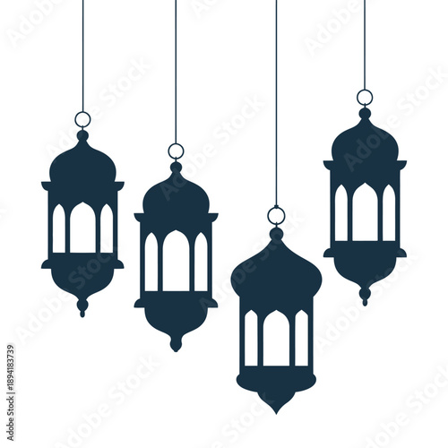 Black Hanging lantern silhouette graphic decorative light, Golden crescent moons lanterns hang against a creating a festive ramadan kareem or eid mubarak silhouette icons vector illustration design